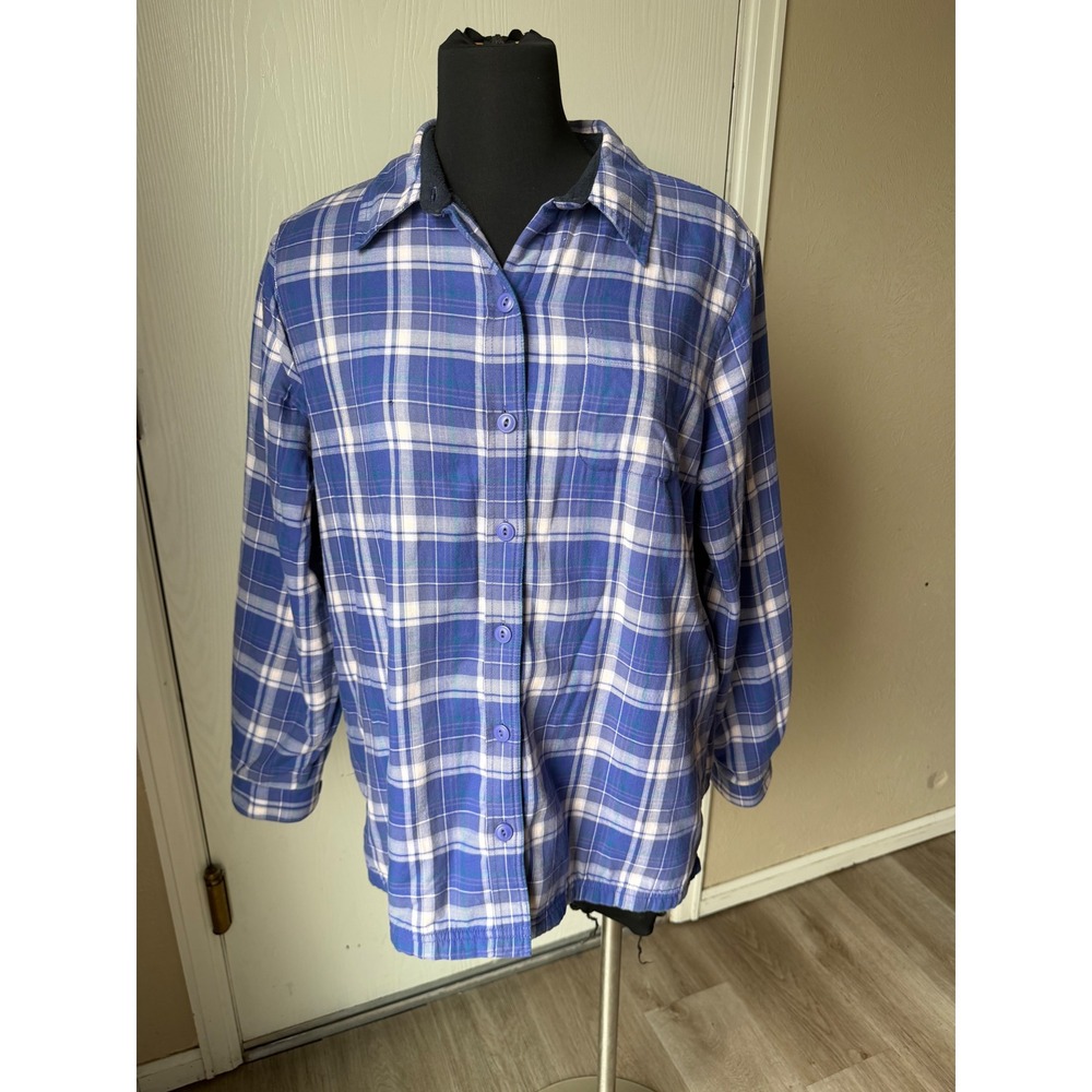 LL Bean Womens Blue Plaid Fleece Lined Flannel Shirt Jacket Size M Regular